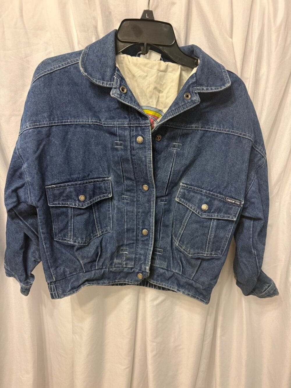 Vintage London Fog Boys Denim Jean Jacket Rock n Roll Graphic Lined Size L 14